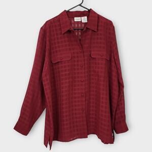 Liz Baker Blouse Womens Size 20W Red Check Sheer Long Sleeve Button Up S…